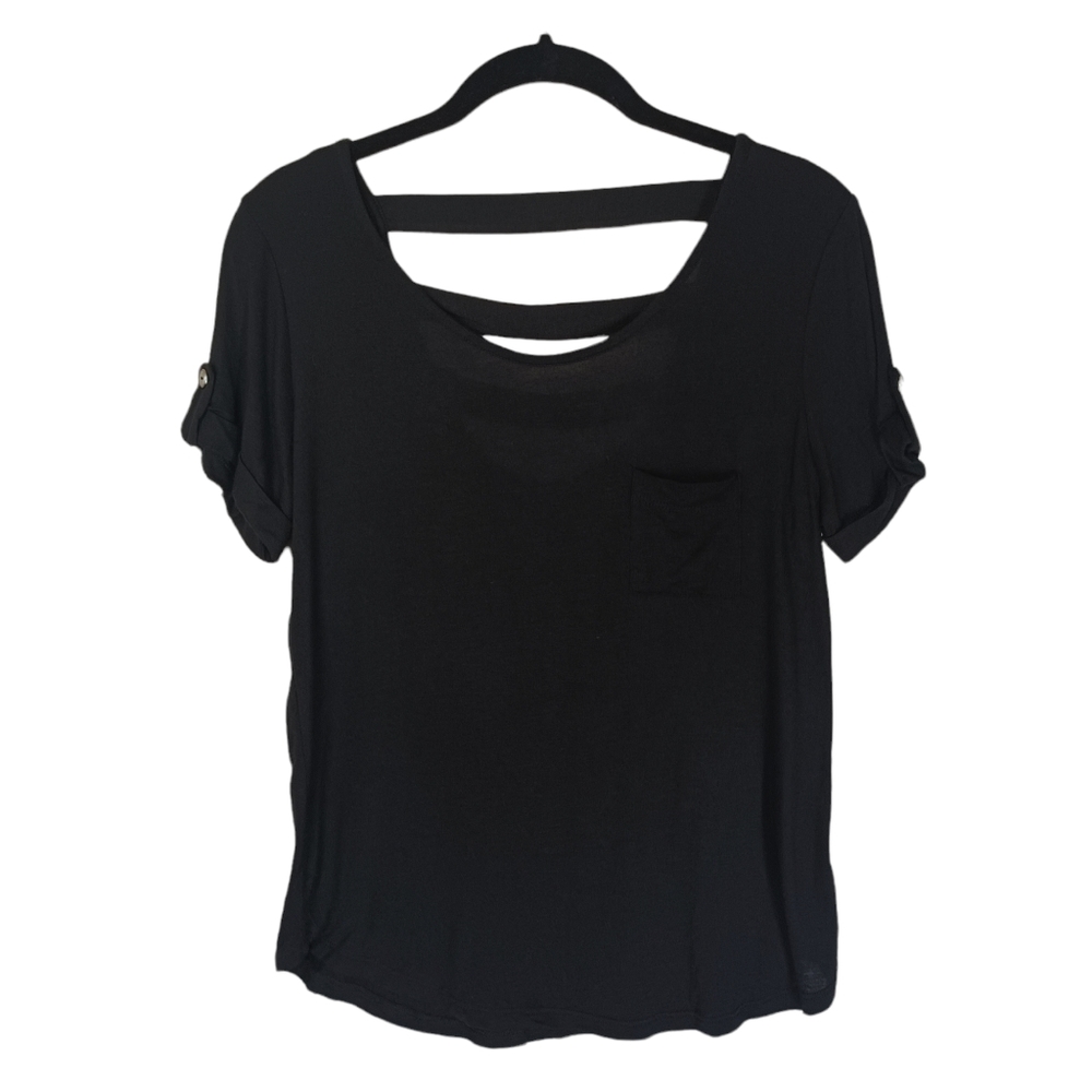 LOVE J USA Black Ladder Cut Short Sleeve Front Pocket Top Medium